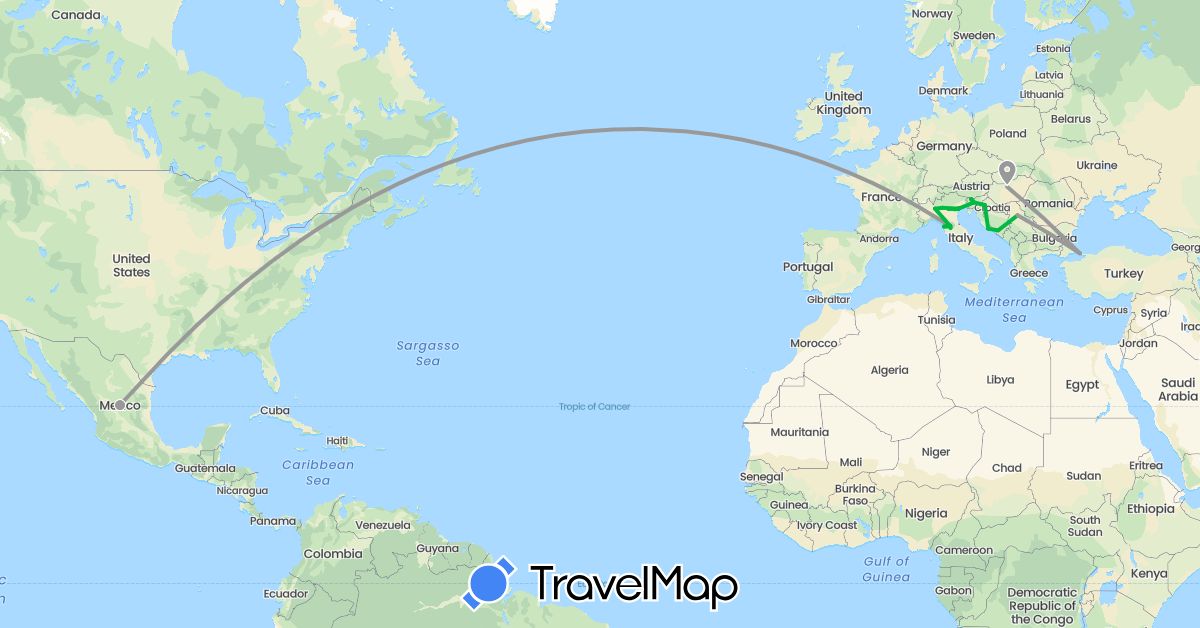 TravelMap itinerary: driving, bus, plane in Bosnia and Herzegovina, Croatia, Hungary, Italy, Mexico, Serbia, Slovenia, Turkey (Asia, Europe, North America)